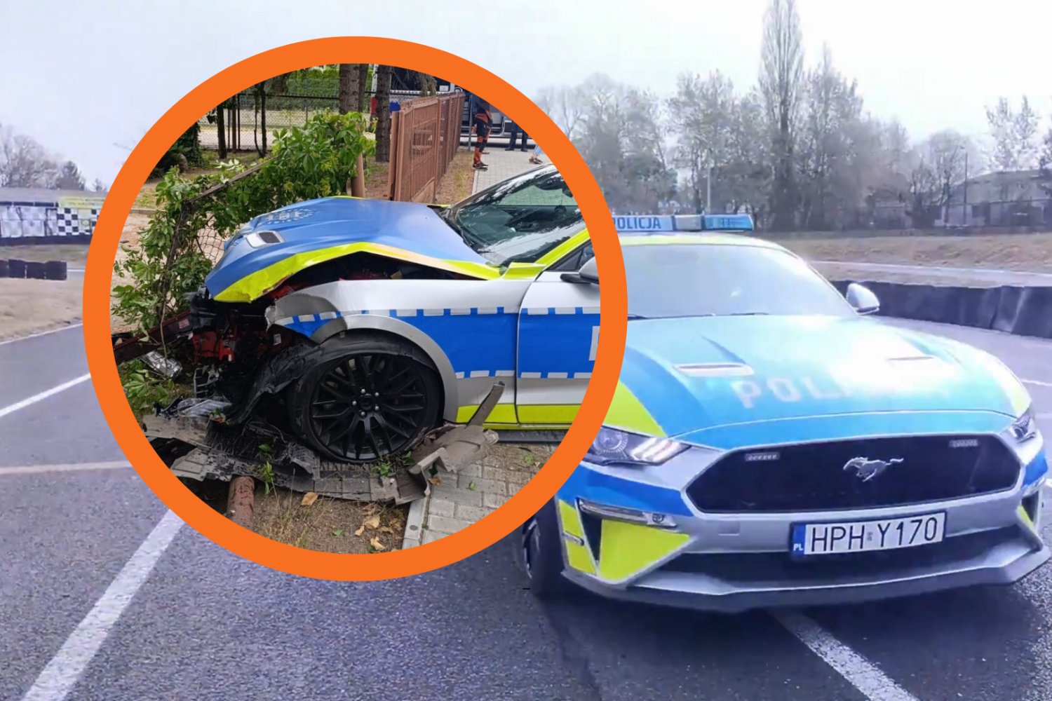 Policyjny Mustang rozbity. Miał wyjątkową historię, a w sieci był obiektem kpin W ramce rozbity policyjny Ford Mustang, w tle policyjny Ford Mustang