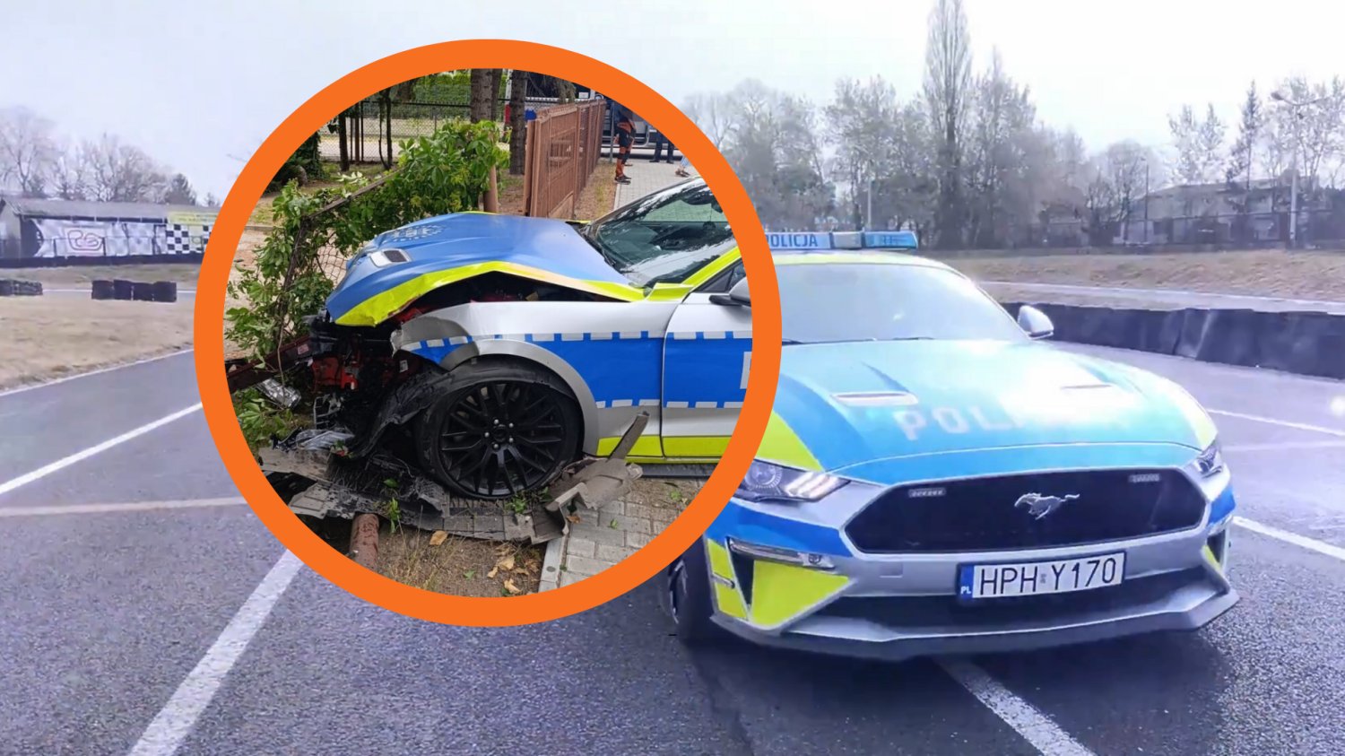 Policyjny Mustang rozbity. Miał wyjątkową historię, a w sieci był obiektem kpin W ramce rozbity policyjny Ford Mustang, w tle policyjny Ford Mustang