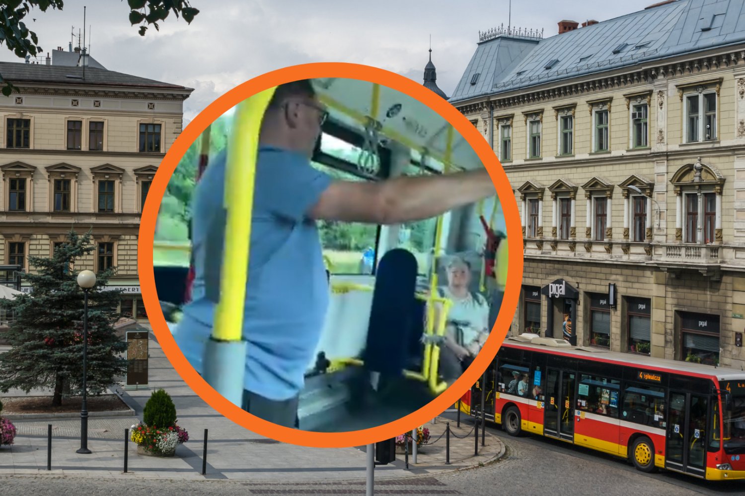 W tle: centrum Bielska-Białej, po prawej autobus. W ramce: mężczyzna odpowiedzialny za atak.