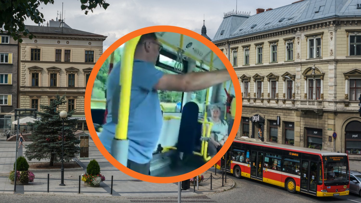Dantejskie sceny w autobusie. 40-latek bezlitośnie zaatakował bezbronne 12-latki W tle: centrum Bielska-Białej, po prawej autobus. W ramce: mężczyzna odpowiedzialny za atak.