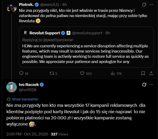 Wpisy internautów na X o problemach z płatnościami kartą podczas awarii Revoluta, m.in. przy tankowaniu w Niemczech i opłacaniu kampanii reklamowych