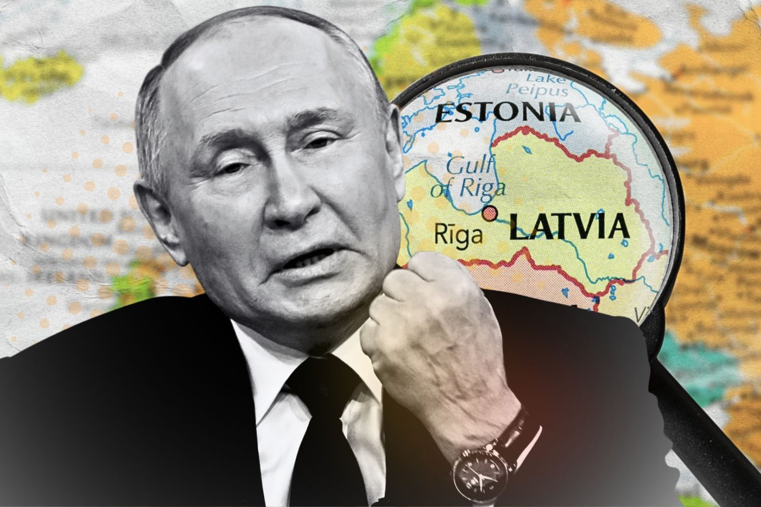 władimir putin, lupa, mapa europy z powiększoną Łotwą