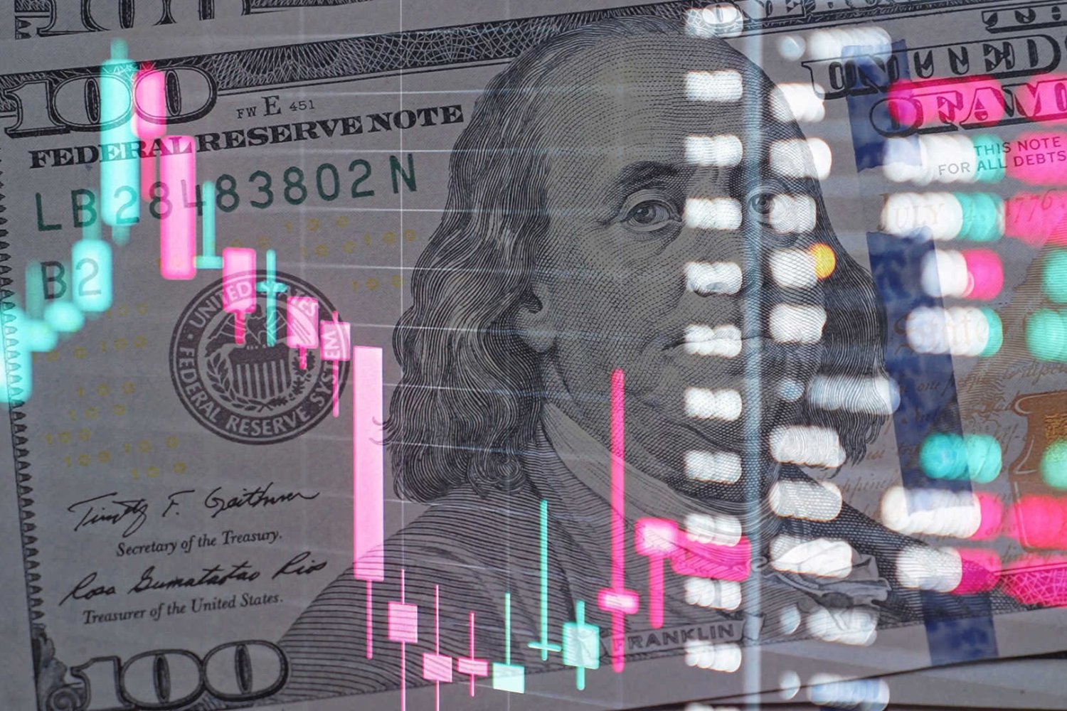 Wykres z czerwonymi świecami na tle banknotu dolara