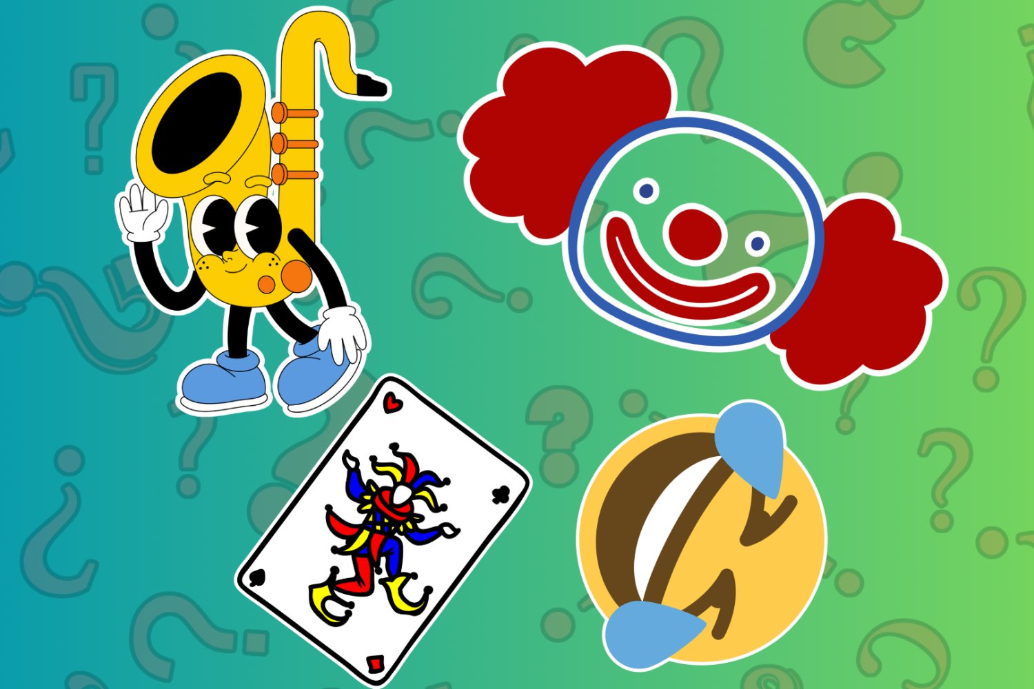 zielone tło z pytajnikami, od prawej: animowany saksofon, karta "joker", klaun, crying-laughing emoji