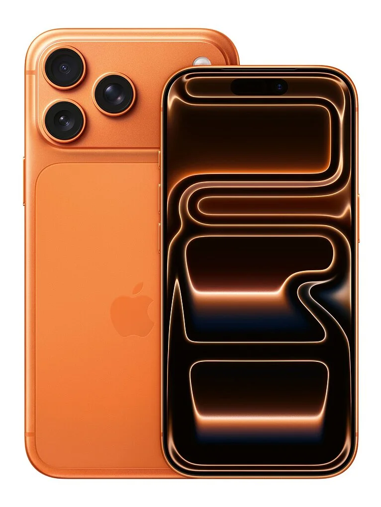 iPhone 17 Pro z Red Dotem. Jego wygląd wynika z technologii ukrytej w środku Pomarańczowy iPhone 17 Pro widziany z tyłu i z przodu, z szerokim panelem aparatów, nagrodzony Red Dotem za design