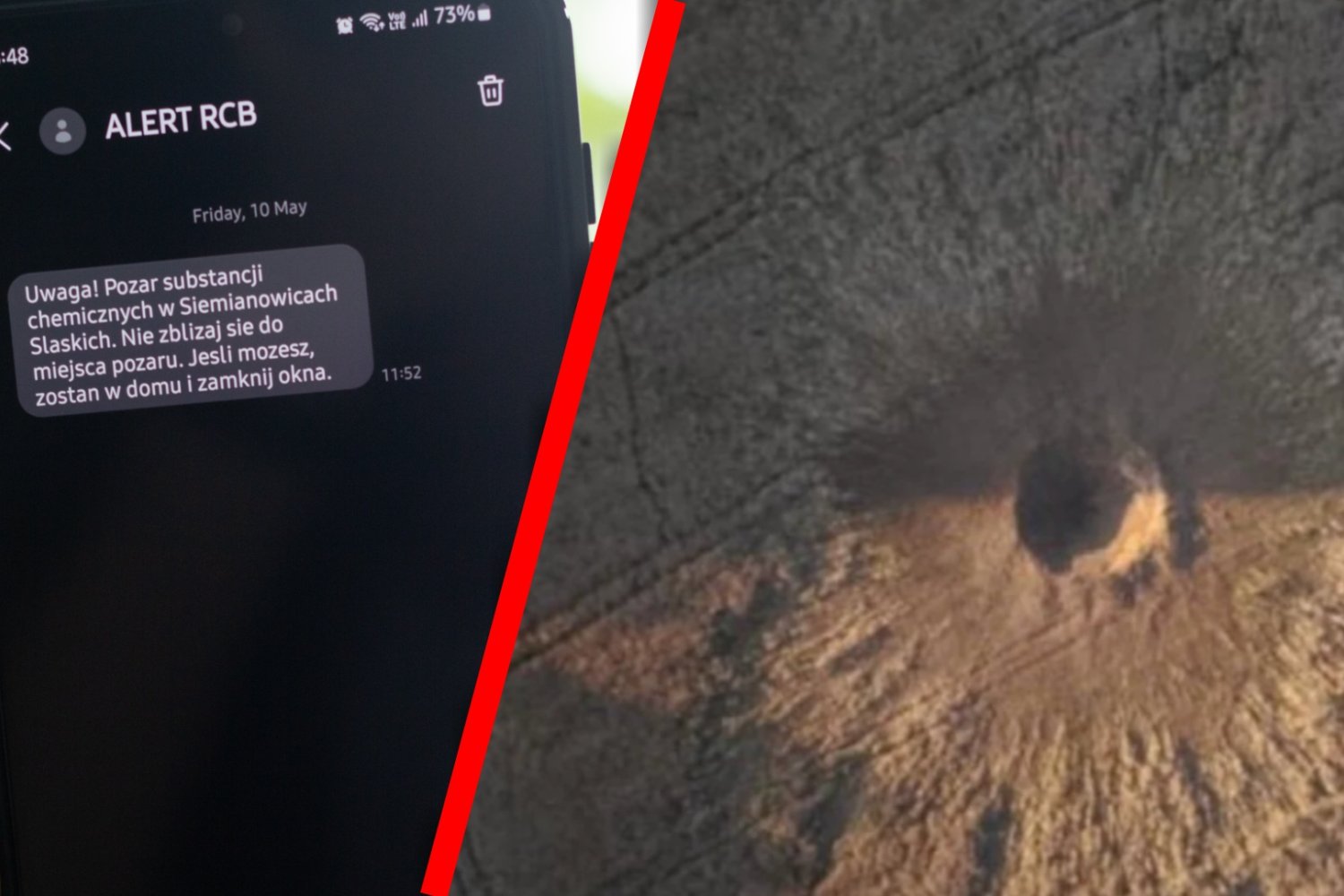 Zdjęcie telefonu z alertem RCB, obok krater w miejscu, w którym spadła rakieta