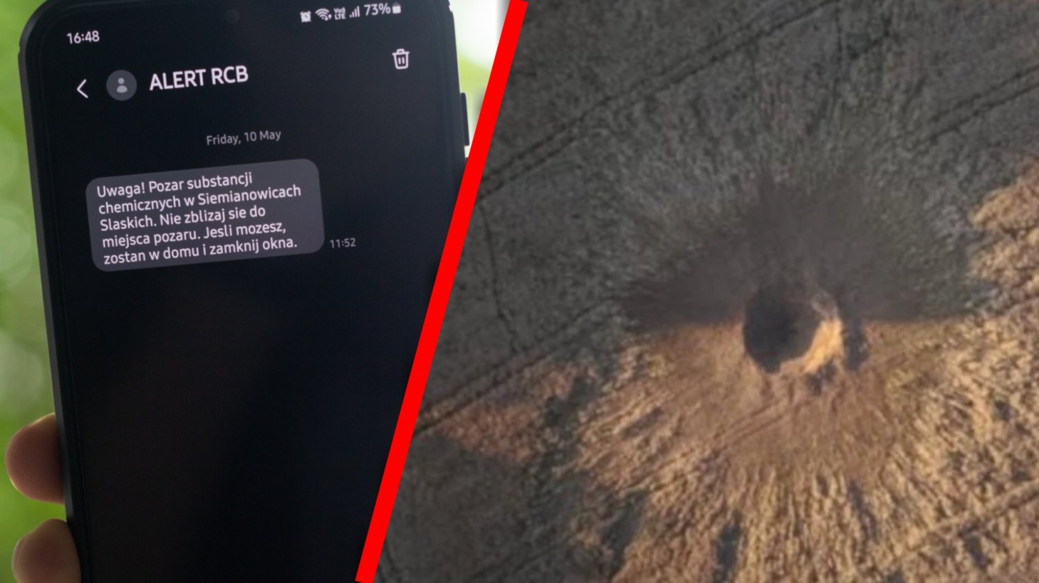 Zdjęcie telefonu z alertem RCB, obok krater w miejscu, w którym spadła rakieta